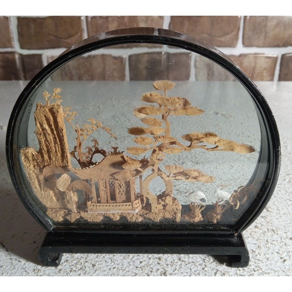 Vintage Asian Cork Carved Art Diorama Black Lacquer Framed 3D 6x5 Shadow Box